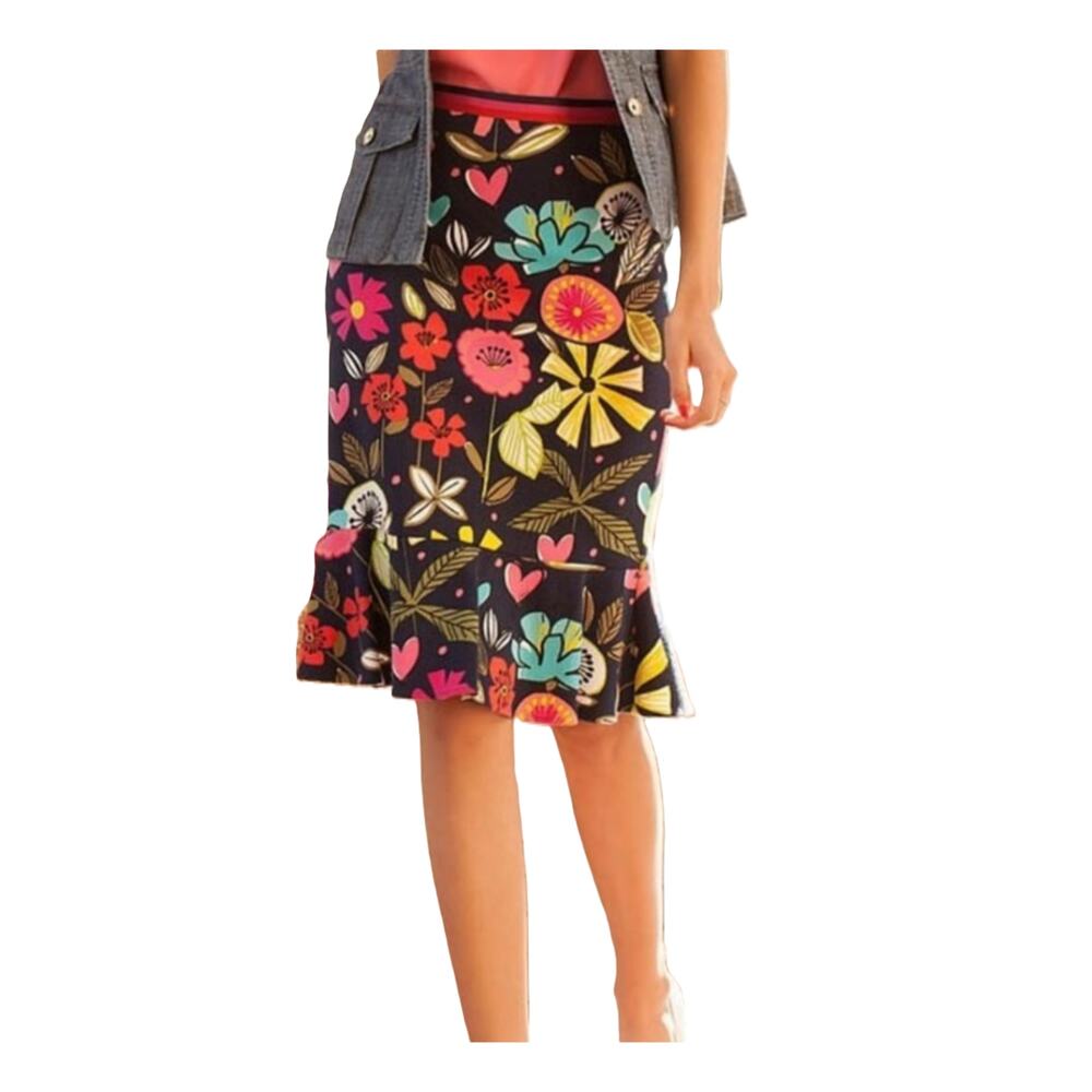 Trina Turk Alina Skirt Womens Size 4 Navy Floral Bright Pencil Pleated Hem Lined